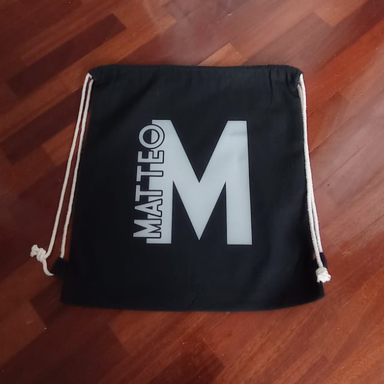Backpack, gym bag in certified black cotton 38x42cm to be personalized with initial and name - birthday - favor - school - sport