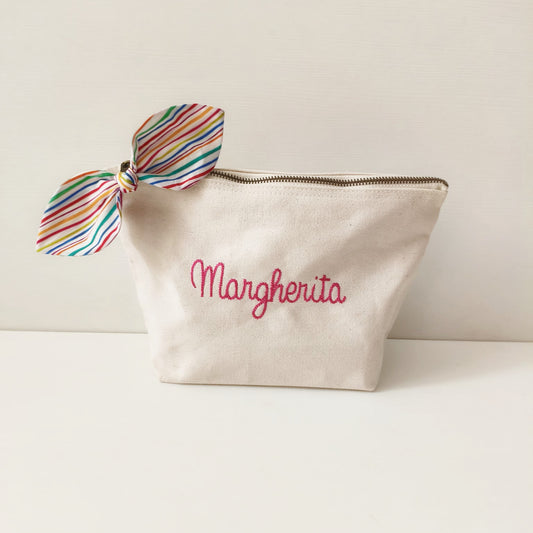 "MARGHERITA" Pochette ricamata a macchina con fiocco in Cotone