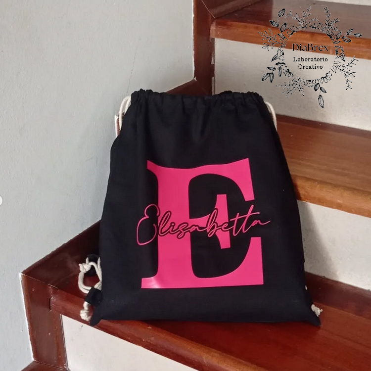 Backpack, gym bag in certified black cotton 38x42cm to be personalized with initial and name - birthday - favor - school - sport
