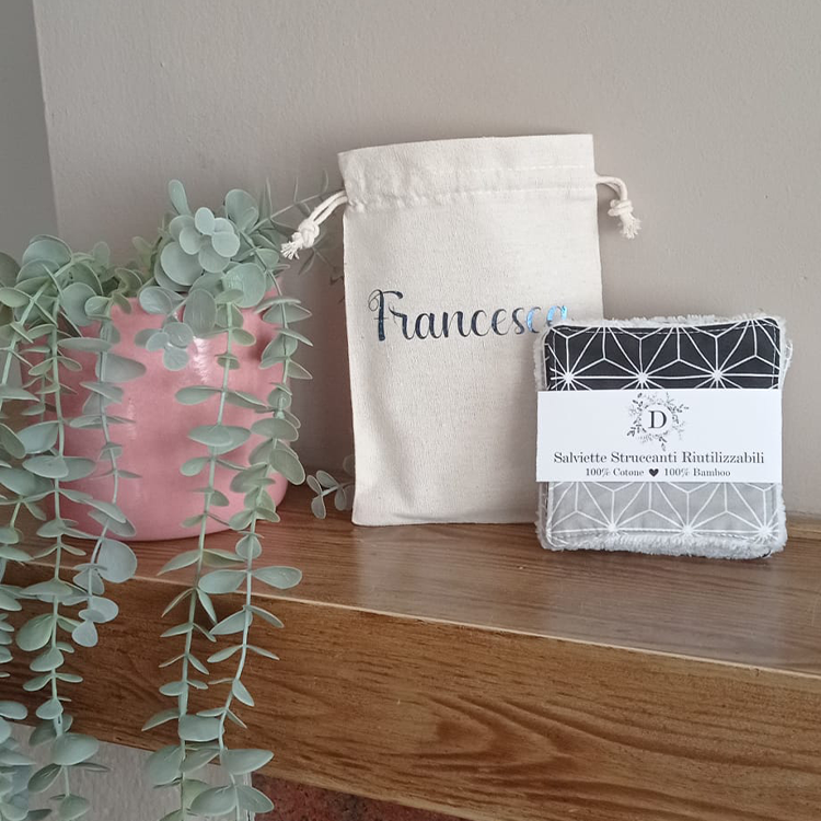 Set of 7 Washable Face Wipes + Personalized Bag in 100% Cotton and Bamboo Fiber Sponge - Hand Made - Eco friendly