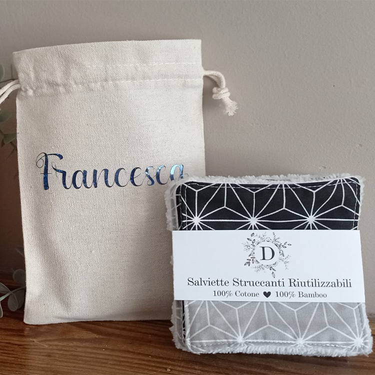 Set of 7 Washable Face Wipes + Personalized Bag in 100% Cotton and Bamboo Fiber Sponge - Hand Made - Eco friendly