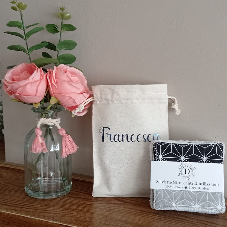 Set of 7 Washable Face Wipes + Personalized Bag in 100% Cotton and Bamboo Fiber Sponge - Hand Made - Eco friendly