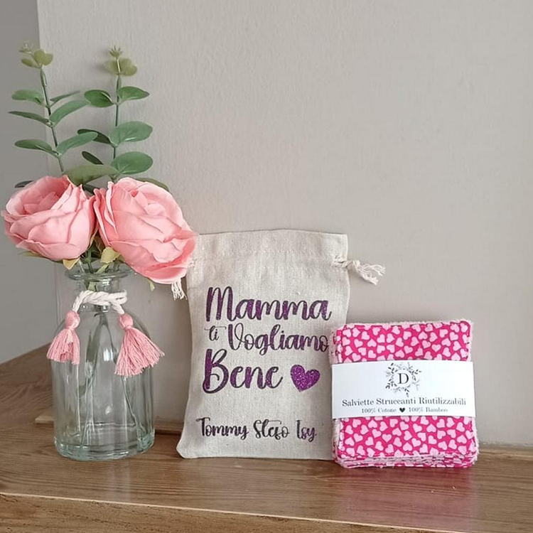 Set of 7 Washable Face Wipes + Personalized Bag in 100% Cotton and Bamboo Fiber Sponge - Hand Made - Eco friendly