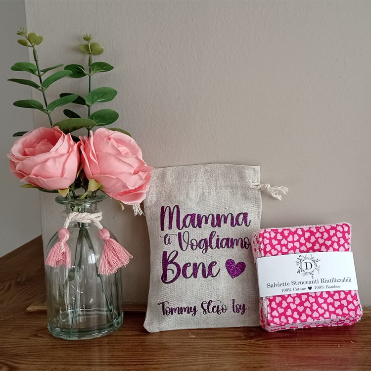 Set of 7 Washable Face Wipes + Personalized Bag in 100% Cotton and Bamboo Fiber Sponge - Hand Made - Eco friendly