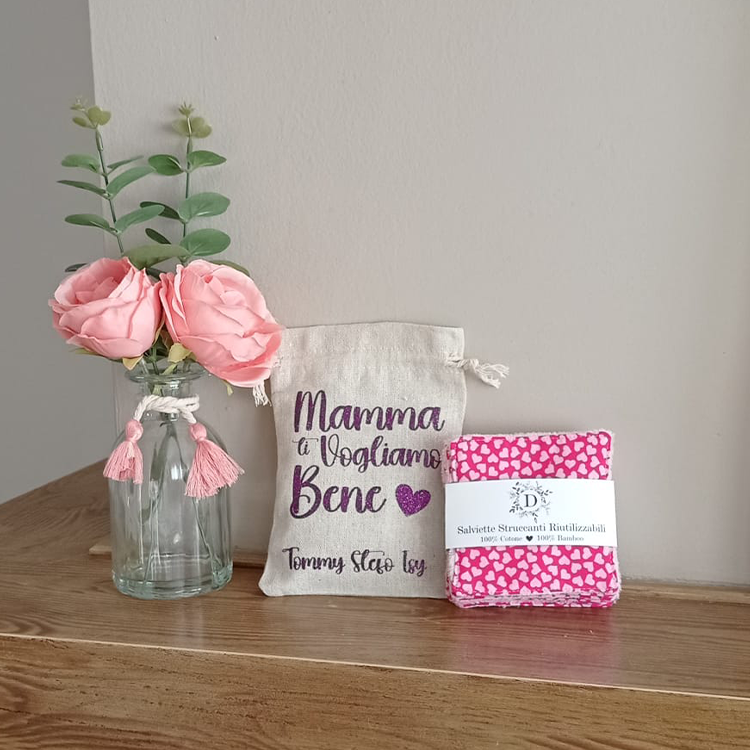 Set of 7 Washable Face Wipes + Personalized Bag in 100% Cotton and Bamboo Fiber Sponge - Hand Made - Eco friendly