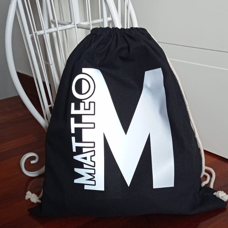 Backpack, gym bag in certified black cotton 38x42cm to be personalized with initial and name - birthday - favor - school - sport