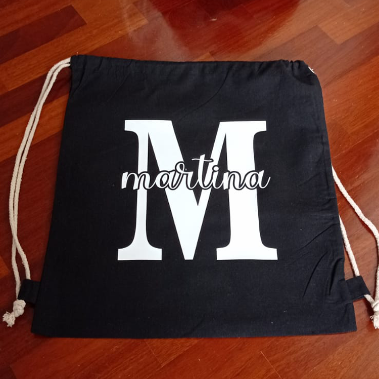 Backpack, gym bag in certified black cotton 38x42cm to be personalized with initial and name - birthday - favor - school - sport