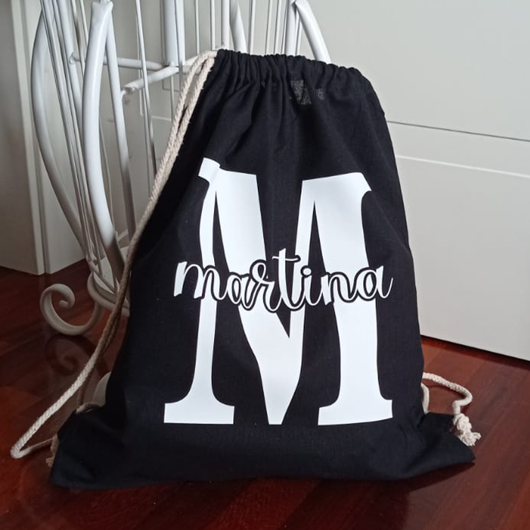 Backpack, gym bag in certified black cotton 38x42cm to be personalized with initial and name - birthday - favor - school - sport