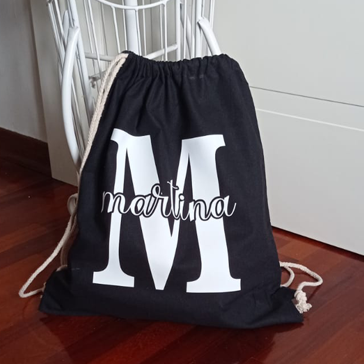 Backpack, gym bag in certified black cotton 38x42cm to be personalized with initial and name - birthday - favor - school - sport