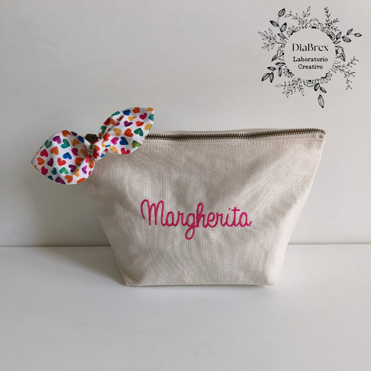 "MARGHERITA" Pochette ricamata a macchina con fiocco in Cotone
