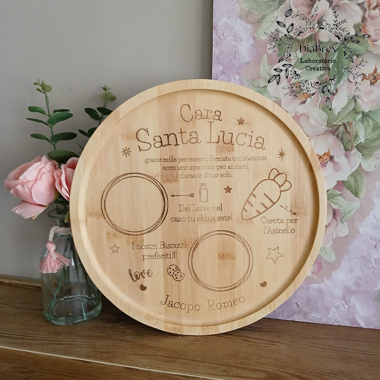 Piatto Decorativo Babbo Natale / Santa Lucia in Bambù Personalizzato inciso a Laser