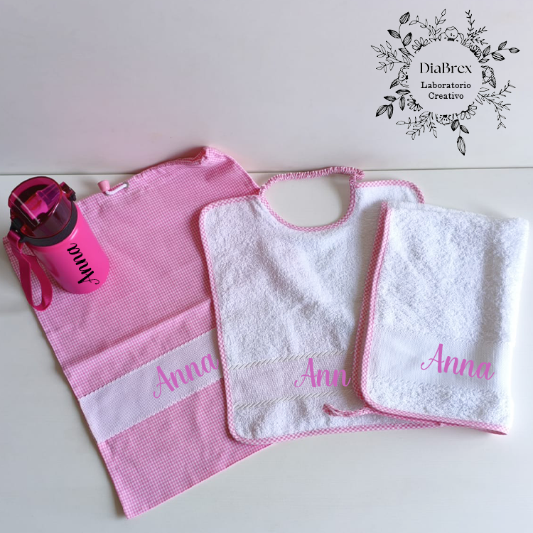 "CANDY" Set Asilo Personalizzato - Ricamato a Macchina e Borraccia Incisa a Laser