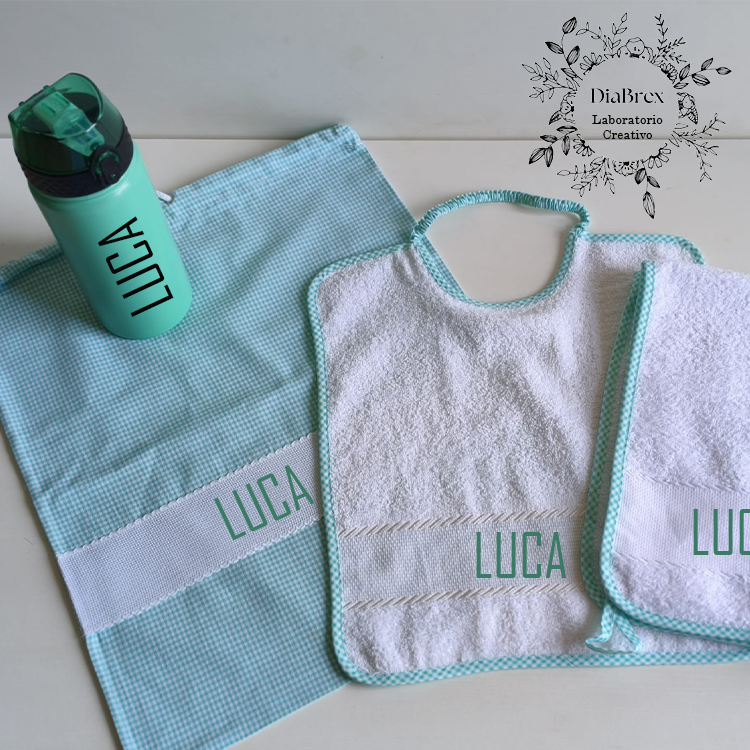 "CANDY" Set Asilo Personalizzato - Ricamato a Macchina e Borraccia Incisa a Laser
