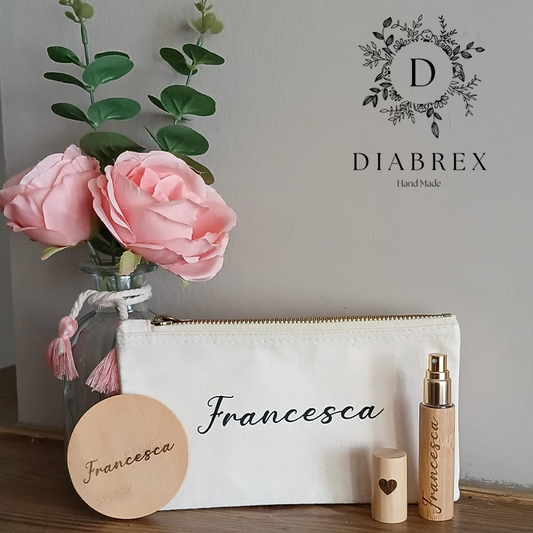 Set Pochette, Porta Profumo e Specchietto in Bambù Personalizzati con incisione a Laser
