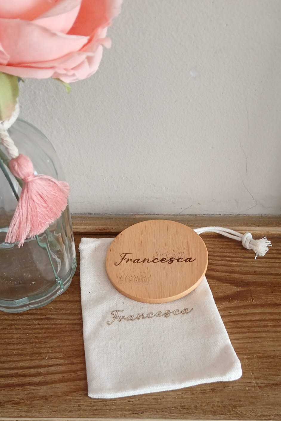 Specchietto in Bambù Personalizzato con incisione laser + Sacchettino