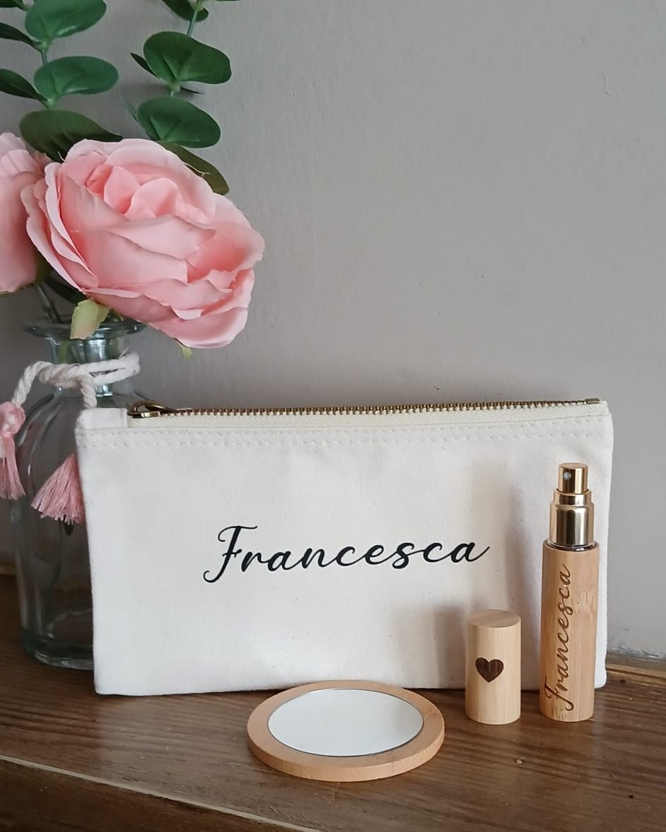 Set Pochette, Porta Profumo e Specchietto in Bambù Personalizzati con incisione a Laser
