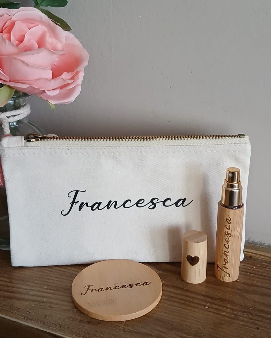 Set Pochette, Porta Profumo e Specchietto in Bambù Personalizzati con incisione a Laser