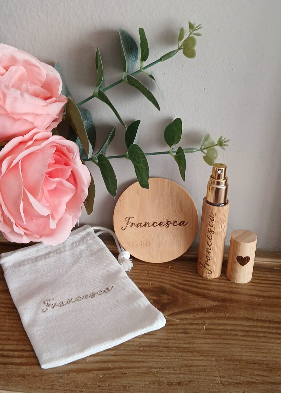 Set Porta Profumo e Specchietto in Bambù Personalizzati con incisione a Laser