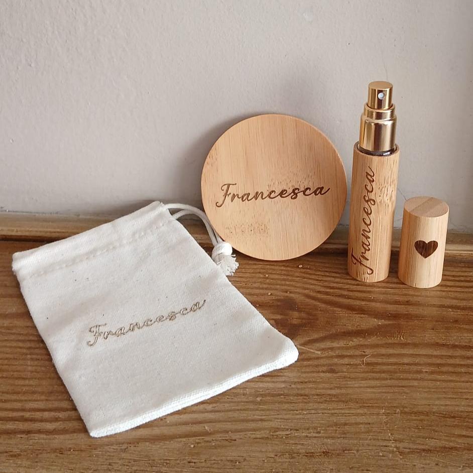Set Porta Profumo e Specchietto in Bambù Personalizzati con incisione a Laser