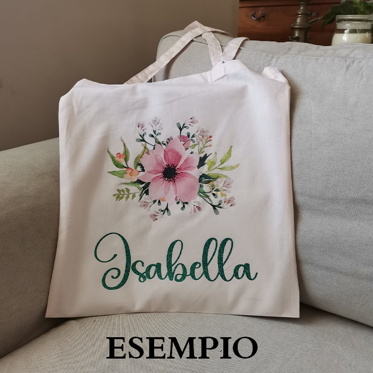 Borsa, Shopper, Tote Bag Ottanio in Cotone con Disegno e Nome Glitterato