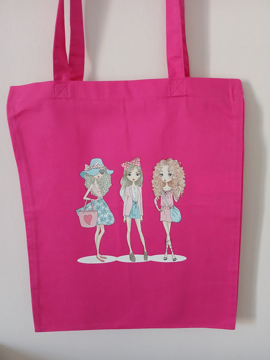 Borsa, Shopper, Tote Bag Fucsia in Cotone con Disegno e Nome Glitterato