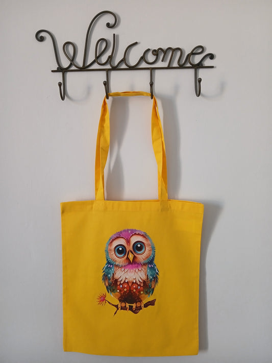 Borsa, Shopper, Tote Bag Gialla in Cotone con Disegno e Nome Glitterato