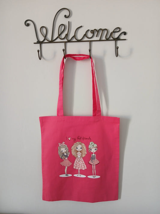Borsa, Shopper, Tote Bag Pesca Scuro in Cotone con Disegno e Nome Glitterato