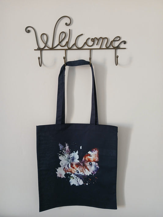 Borsa, Shopper, Tote Bag Blu in Cotone con Disegno e Nome Glitterato