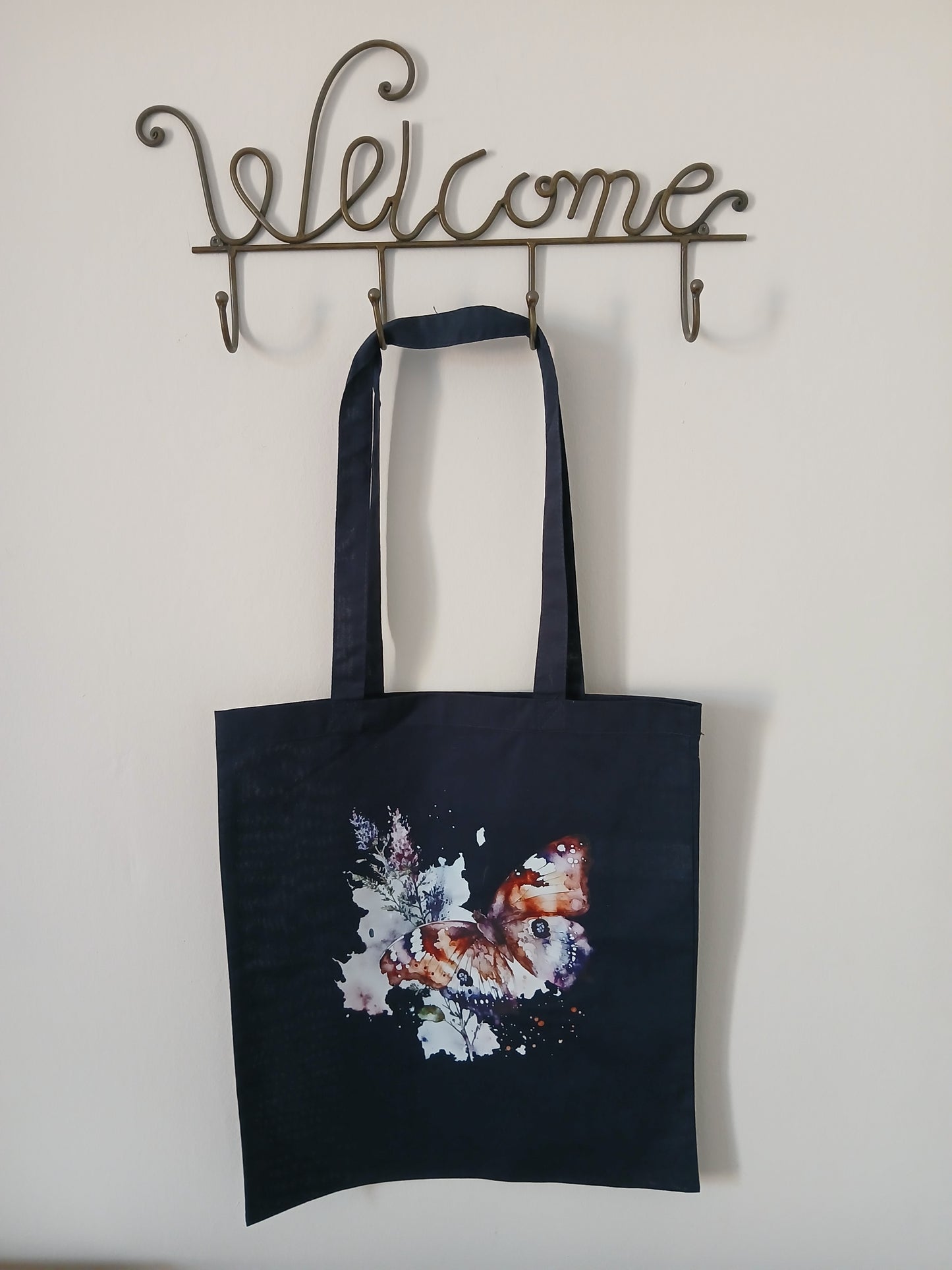 Borsa, Shopper, Tote Bag Blu in Cotone con Disegno e Nome Glitterato
