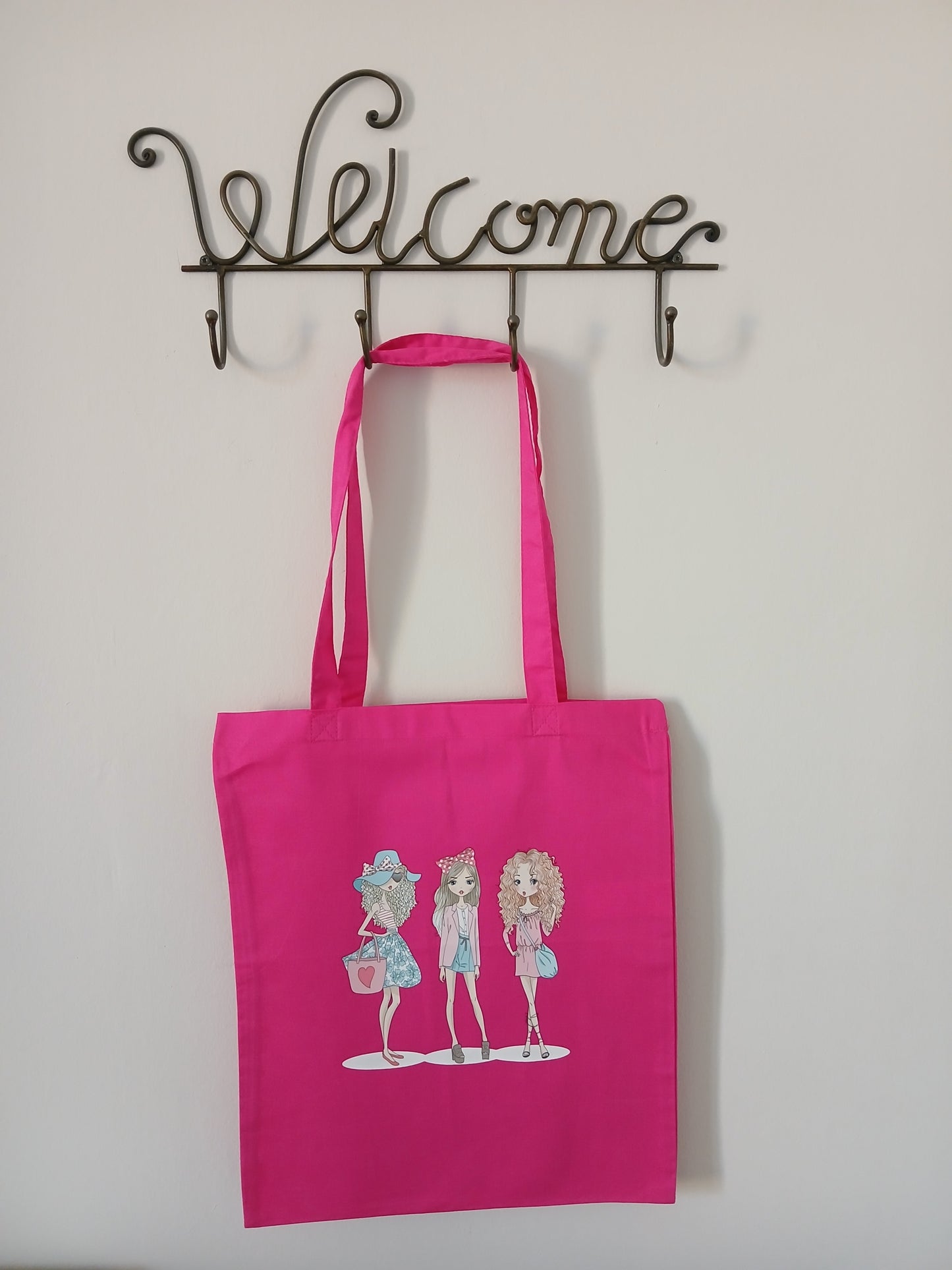 Borsa, Shopper, Tote Bag Fucsia in Cotone con Disegno e Nome Glitterato
